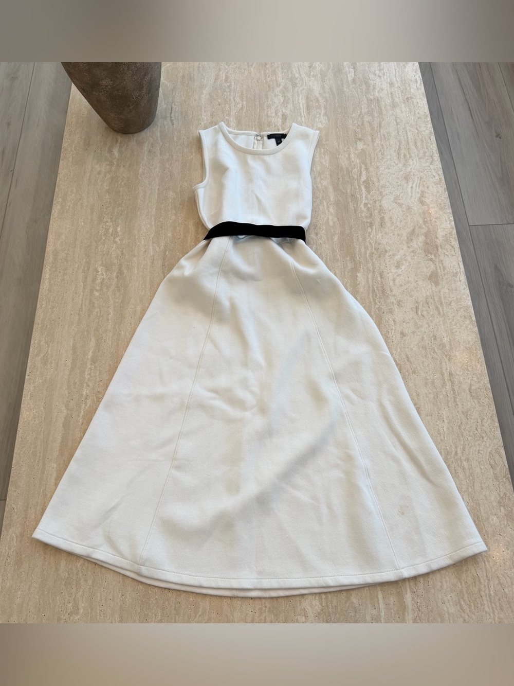 J. Crew White Sleeveless Midi Fit Dress with Black Bow Waist Trim
